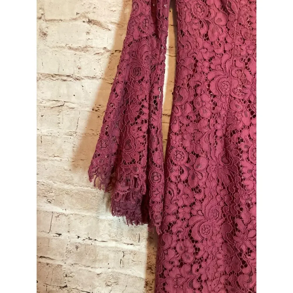 Bardot Lace Dress Womens XS Dark Mauve Midi‎ Bell Sleeve Romantic Off Shoulder - Picture 8 of 14